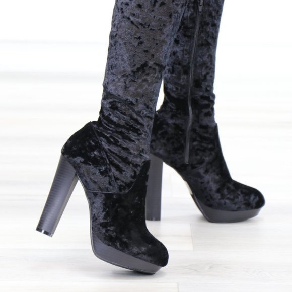 Black Velvet Thigh High Heel Boots Back Tie - Picture 8 of 15